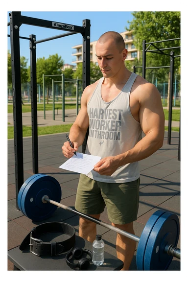 un uomo prepara con cura il suo set di pesi e la cintura per streetlifting, controllando una lista di esercizi e ripetizioni scritta su un foglio. Accanto a lui, una borraccia e delle cuffie. L’espressione è serena e sicura, a sottolineare l’importanza della programmazione per un allenamento efficace. Lo sfondo è un’area fitness urbana, pulita e ben attrezzata. sticker