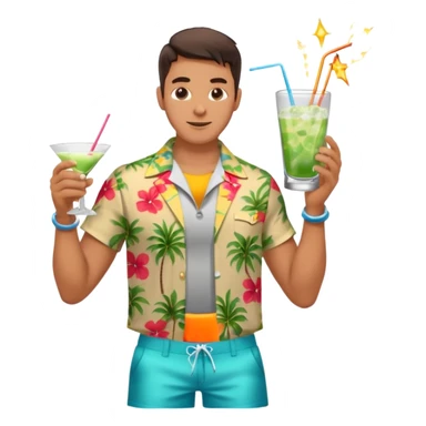 human male Unbuttoned Hawaiian shirt, swim trunks, shaking a cocktail shaker (sparks flying) sticker