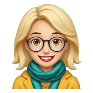 Emoji estilo WhatsApp de una mujer sonriente con rostro ovalado, piel clara, ojos grandes y oscuros, cejas gruesas arqueadas, gafas grandes redondeadas, rizos voluminosos oscuros, bufanda colorida y expresión tierna. Colores limpios, contornos suaves y fondo transparente. sticker