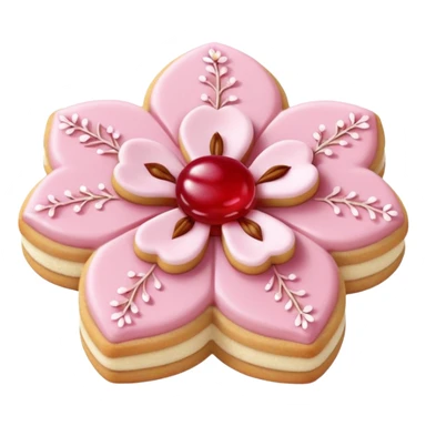 Realistic shortbread cookie in the shape of a cherry blossom with pale pink color jelly middle filling and sprinkled powder sugar on top. sticker