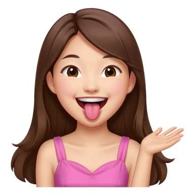 asian girl with long brown hair and fair skin wearing pink dress laughing while sticking tongue out sticker