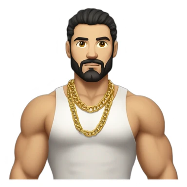 Russian muscular thug man aged 26 wearing gold chain with black hair and short beard sticker