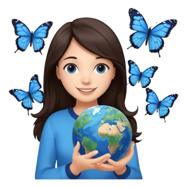 Successful CEO (brunette girl, another emoji, in the middle), holding the Earth 🌍 in her hands smiling warmly, blue monarch butterflies fly around her. sticker