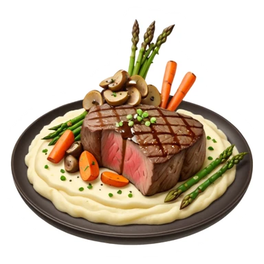 Medium rare Wagyu steak on a bed of creamy garlic mashed-potatoes, coupled with pan seared carrots mushrooms asparagus and a lovely black pepper truffle sause  sticker