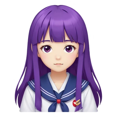 Shy anime girl with purple long hair and bangs wearing Japanese sailor style school uniform, blushing, kawaii style sticker