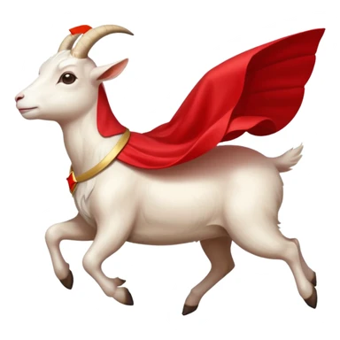 side view of white female goat wearing a read cape like superman sticker