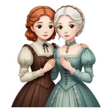 Two modest Victorian women hugging, one with white hair and one with copper hair, wearing Victorian era dresses sticker