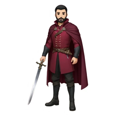 
Hombre de unos 30-40 años, alto, fuerte..
Rostro anguloso, barba bien recortada, cejas marcadas, mirada dura y orgullosa.
Castaño oscuro o negro, peinado hacia atrás.
Ropa de noble — chaqueta ajustada, capa corta, botas altas y espada al cinto. Colores oscuros (rojo vino, negro, granate) sticker