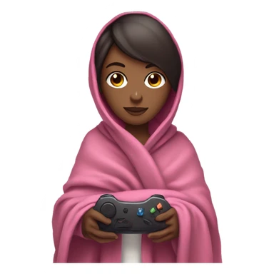 White girl with dark hair wrapped up in a blanket with a pink gaming controller in her hands sticker