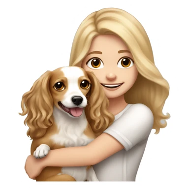White girl with very long, wavy, blonde hair and brown eyes holding a white and tan chihuahua-dachshund mix happy with floppy furry ears sticker
