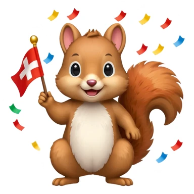 playful squirrel surrounded by confetti, waving a Swiss flag, emoji style sticker