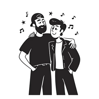 Two male musicians side by side with one arm over the other's shoulder: a 35-year-old with stylized beard, backwards cap, rocker style, and a younger 25-year-old musician, both smiling. Music notes and stars around them. Other band members celebrating in the background. sticker