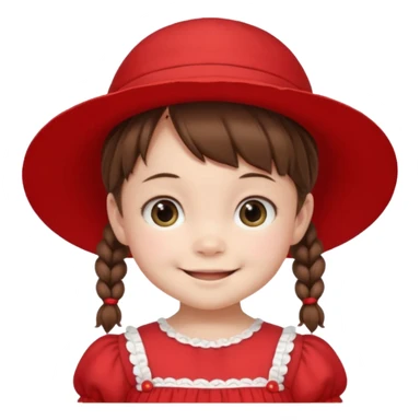 baby girl with brown hair and pigtails with red dress and a hat like My Neighbor Totoro movie sticker