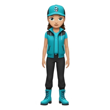 A landscaper in a beautiful turquoise jacket and turquoise boots, black pants, and a black sleeveless shirt. On his head is a black Swissotel baseball cap. The girl is a brunette with blue eyes. sticker