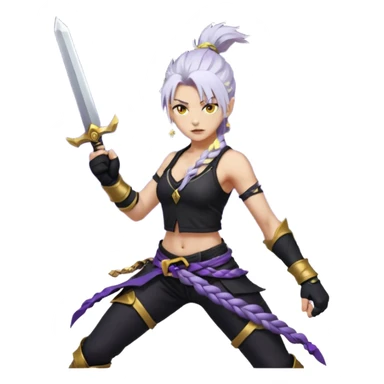 A sword maiden, mohawk, long braid white hair with lavender and tips long messy bangs one side, gold yellow eyes, black crop top, with both fighting gloves up in defensive ready pose, delivering a lightning quick vertical upwards front kick with volcanic force sticker