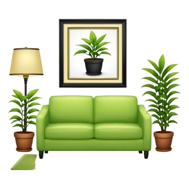 living room in ios emoji style

no TV, and make the couch a light green color

there is a lamp on one side and one plant on the other side. and no picture frame

there is a light colored rug sticker