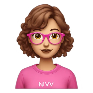 Graphic designer girl with brown hair in pink glasses wearing pink sweatshirt with text NV Designe on it sticker