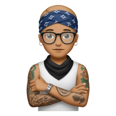 character with bandana and glasses and tattoed sticker