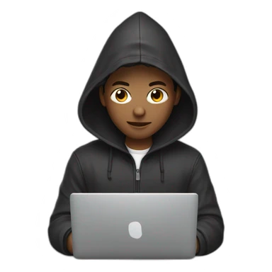 Young man with a hood behind his laptop sticker