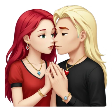 young 20 year old couple kissing, girl with long cherry red hair and blonde eyebrows wearing gold necklace with letter A, diamond gold ring, red bracelet and light clothes, boy with pure snow white hair wearing dark t-shirt and silver ring with black stone sticker