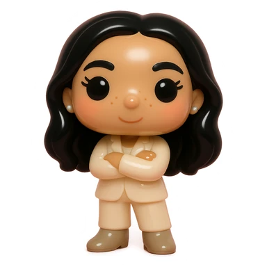 Funko Pop style vinyl figure with ultra high definition: luminous smooth tanned skin, extremely detailed dark hair, hyper-textured feminine cream suit (jacket and pants), small pearly earrings, greige leather boots clearly visible, arms crossed, rosy cheeks, very discreet freckles, eyelashes, mischievous and cheerful expression, no mouth, transparent background. sticker