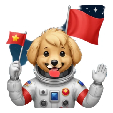 golden retriever in space suit holding red rectangle flag sticker