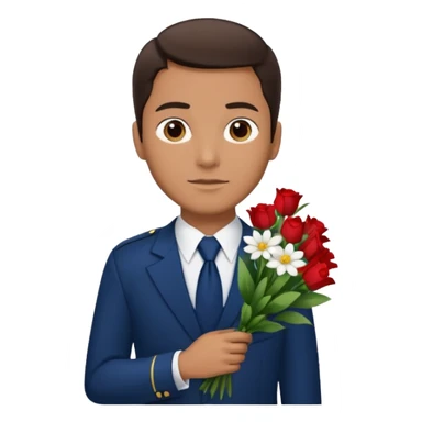 Homme avec bouquet fleurs blanches, avec uniforme bleu foncé cravate rouge, arabe raie sur le coté, brun un peu bronzé et yeux marrons  sticker