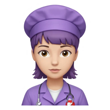 A young female slim nurse with short Brown hair with fringe over her forehead, wearing larvendar purple working cloth, without nurse cap sticker