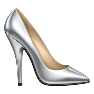 A pair of high heel shoes emoji made of polished silver chrome, elegant sharp silhouette, smooth metallic surface, glossy reflections, luxury sexy vibe, minimalistic iOS emoji style, centered, clean white background sticker