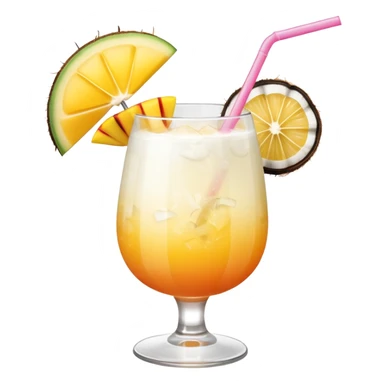 A beautiful cocktail with a creamy white to orange gradient, containing coconut juice and mango, reminiscent of summer. Above, there are tropical flowers, lemon slices, and straws. sticker