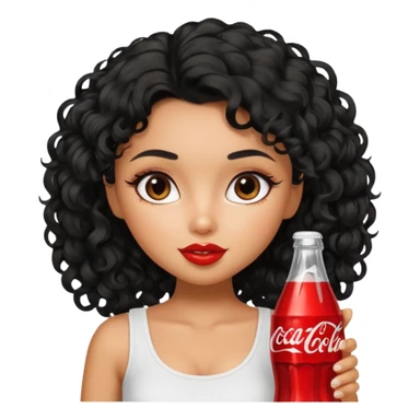 a pretty tan bratz girl with black curly hair drinking coca cola. no makeup. white top sticker