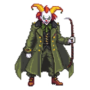 evil clown soldier, bald, black horns on forehead, fangs, pointed ears, eye patch over one eye, long coat over black and military green clothes with bellbottom pants, tail, holding a different style of whip, realistically proportioned, less bulky, full body, fighting stance sticker