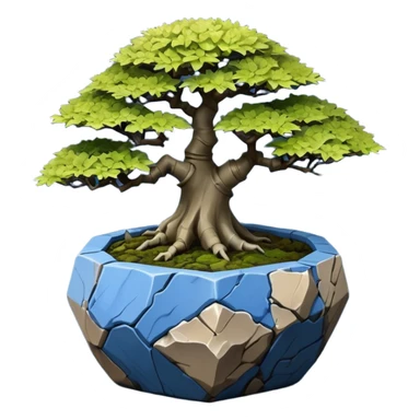 Singapore very old broken Stone Age rocky-crusted dodecahedron-shaped shallow dark moss rough bark blue maple tree bonsai pot sticker