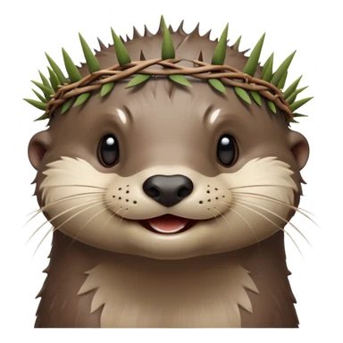 really cute smiling joyful otter face in three-quarter profile view with simple thorny stem wrapped horizontally around its forehead like Jesus Christ's Crown of thorns, no crown shape on top, just thin spiky branches circling the forehead sticker