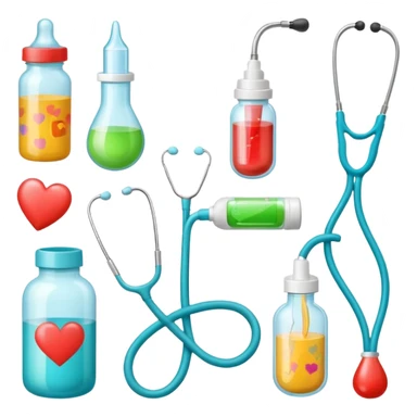 stethescope, heel lancet, medication, baby blood tubes, monitoring cables, baby bottle, cute scrapbooking paper,  sticker
