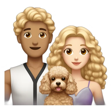 A couple consisting of asian korean man with dark eyes and long curly hair tanned skin and white girl with long straight blonde hair and brown eyes with brown toy poodle sticker