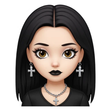 generate a pretty bratz girl in black goth top, black lipstick, black eyeliner, dark brown eyes. Dark brown hair straight long. wearing a silver cross necklace sticker