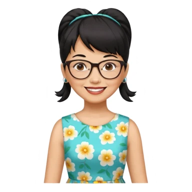 filipino woman black hair in one pony tail with straight bangs and big glasses, 60 yr old, nice dress

 sticker