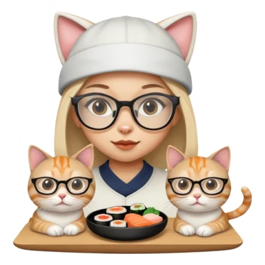 cute girl cat with really big square glasses with super thin frames eating sushi with a boy cat wearing a san antonio spurs cap sticker