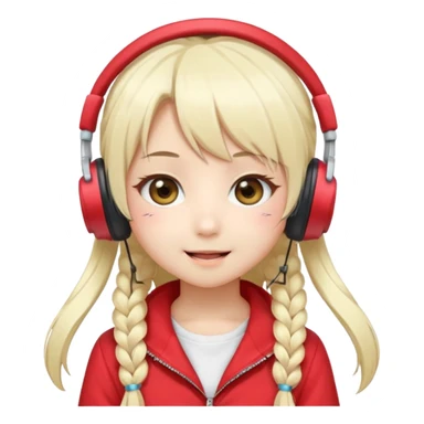 Cute kawaii emoji-style Japanese K-pop singer girl, long platinum blonde hair in twin tails, red outfit, headset mic on cheek, Japanese K-pop idol vibes, big sparkling eyes, chibi proportions, clean lineart, pastel colors, cheerful idol smile, sticker/emoji style, transparent background sticker