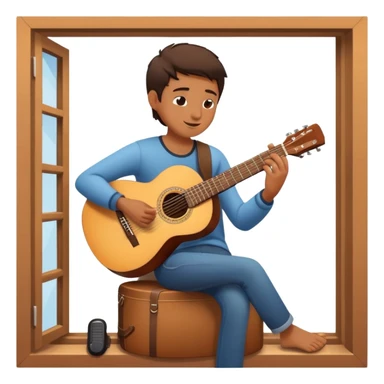 person serenading with guitar under a window sticker