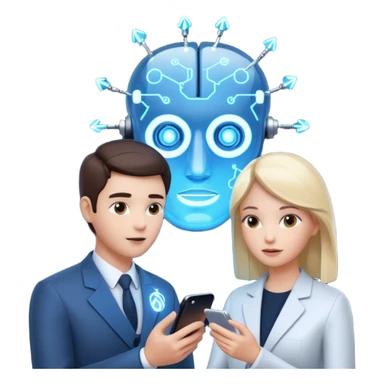 Generate a realistic emoji of a two people using a phone which shows artificial intelligence. Out of the phone is coming 3d ideas and electric symbols  sticker