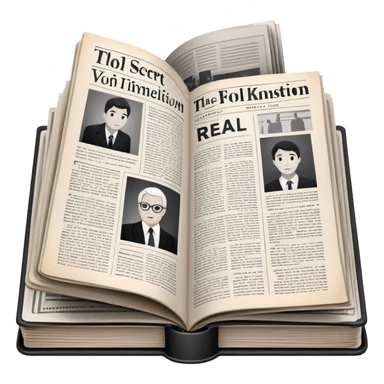 Icon for Non-Fiction & Narrative Reading: an open book with black-and-white photos on the pages, surrounded by a pile of newspaper clippings, and an open folder with top-secret documents. The icon should reflect the blend of real stories and facts in non-fiction literature. Transparent background. sticker