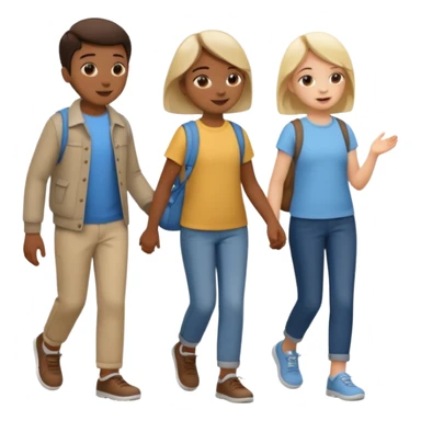 iOS emoji style. 2 friends and a child walking and talking.  sticker
