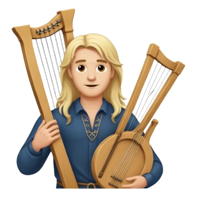 Man with long blonde hair confidently holding a lyre sticker