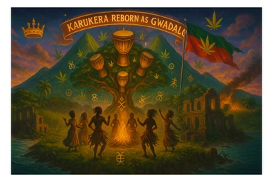 Create a powerful, surreal vision of the Caribbean island Guadeloupe, reimagined as ‘Guadeloupe' — its sacred, sovereign identity restored. The island is lush, tropical, and volcanic, with two green volcanoes glowing golden at the peaks. In the center stands a giant mystical Drum Tree, its branches bearing carved drums instead of fruit, glowing with rhythmic light. Ancestral spirits of African and indigenous lineage dance in a circle around the tree, surrounded by floating ganja leaves and sacred symbols. Sugarcane fields burn gently in the background, symbolizing the end of colonial suffering. Ruins of colonial buildings crumble into the earth, reclaimed by vines and jungle. Above the island, a glowing banner in the sky reads: ‘Karukera reborn as Gwadaloo.’ A ganja-leaf flag waves high in red, green, and gold, and a golden Creole crown floats in the sky above the island — not worn by any man, but held in rhythm. The ocean is turquoise, the light is divine, and the entire scene radiates spiritual victory, cultural remembrance, and cosmic rhythm. Use a warm, cinematic palette of golds, greens, blues, and purples. Style should feel epic, sacred, and symbolic — a rebirth of Caribbean power. sticker