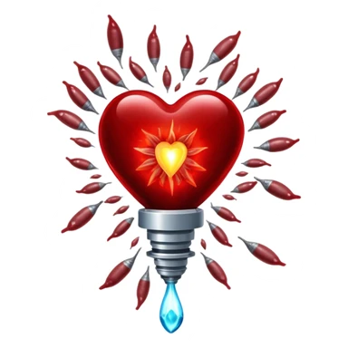 Glowing pieces of liver, red meat, and sardines floating around a red blood cell that shines brightly like a torch. Streams of light connect the blood cell to a heart and muscles, showing how heme iron creates energy and vitality throughout the body. sticker