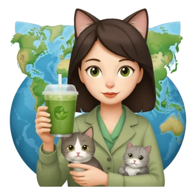 a brunette woman in here 30S drinking an iced matcha, carrying a grey cat and a map of the world sticker