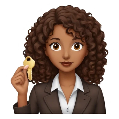 Dark brown lady with medium brown mid length curly hair in real estate job with house and keys sticker