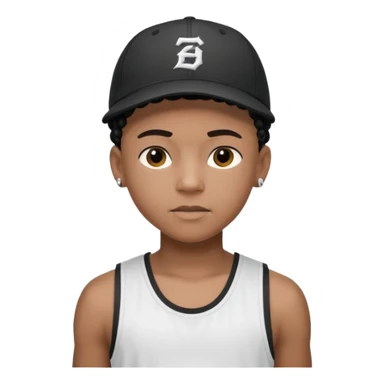 14-year-old Black boy with black cornrows, wearing a sports tank top and a baseball cap sticker